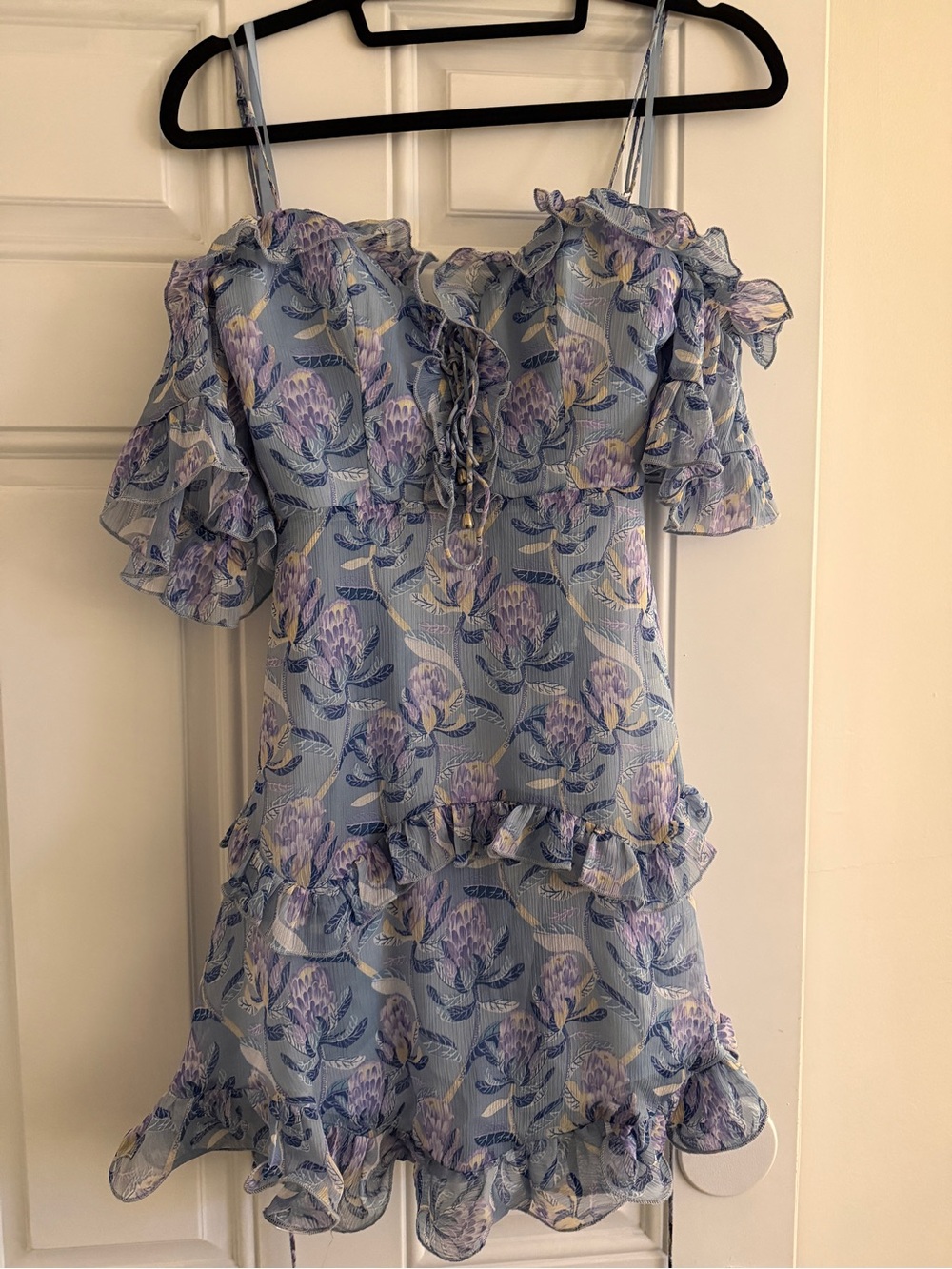 Saints and Secrets Blue Floral Ruffle Cold-Shoulder Dress